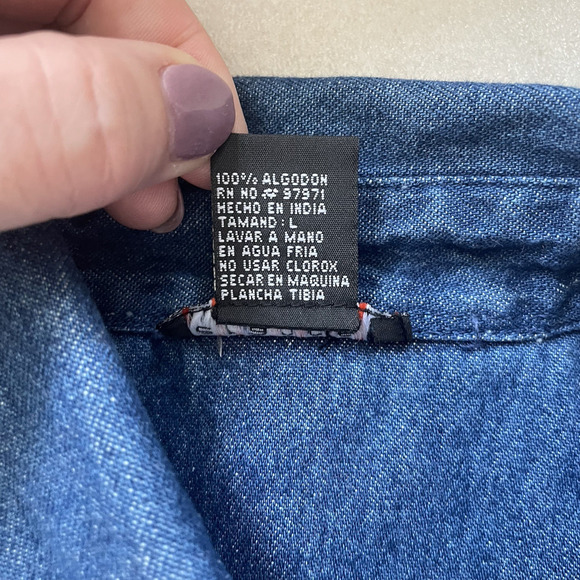 Vintage Y2K Deranged Shirt Women Large Blue Denim Embroidered Floral Button Up - Picture 6 of 10